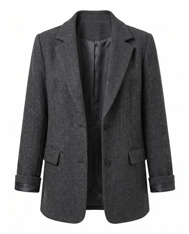 The Maribel blazer in dark gray — tailored wool-blend blazer with notch lapels and structured shoulders, product flat-lay
