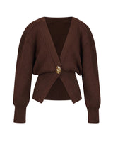The Marley Cardigan in brown — single-button V-neck knit cardigan, product flat-lay