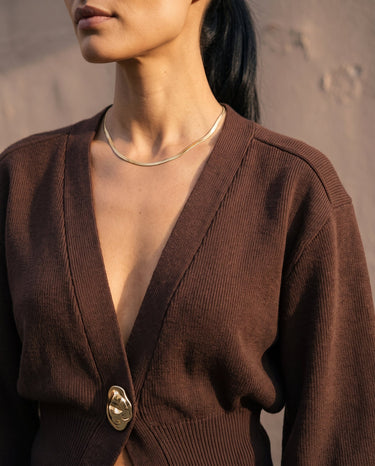 The Marley Cardigan in brown — close-up of the V-neckline and gold button