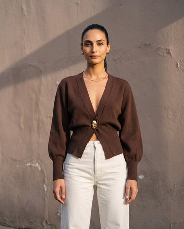 The Marley Cardigan in brown — front view on model