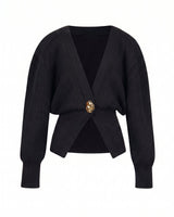 The Marley Cardigan in black — single-button V-neck knit cardigan, product flat-lay