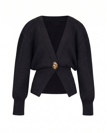 The Marley Cardigan in black — single-button V-neck knit cardigan, product flat-lay