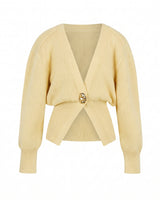 The Marley Cardigan in yellow — single-button V-neck knit cardigan, product flat-lay