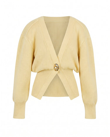 The Marley Cardigan in yellow — single-button V-neck knit cardigan, product flat-lay