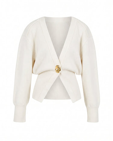 The Marley Cardigan in white — single-button V-neck knit cardigan, product flat-lay