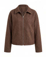 The Maude jacket in brown — zip-front collared jacket with a structured silhouette, product flat-lay