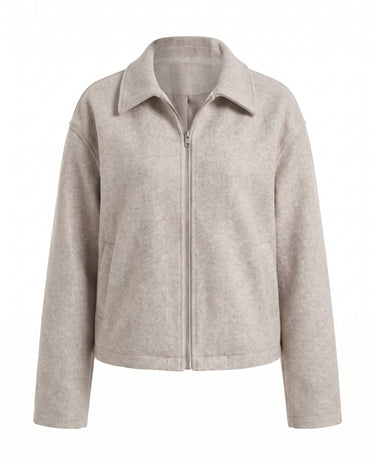 The Maude jacket in beige — zip-front collared jacket with a structured silhouette, product flat-lay