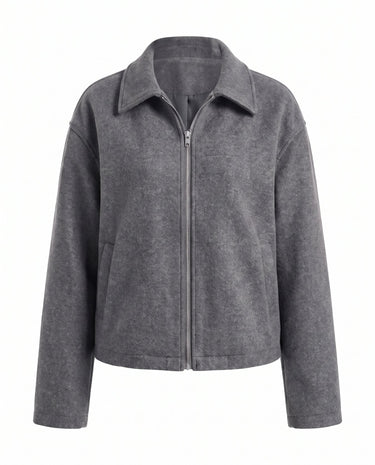 The Maude jacket in gray — zip-front collared jacket with a structured silhouette, product flat-lay