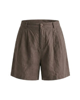 The Mauria Linen Shorts in cocoa — high-waisted pleated linen shorts, product flat-lay