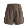 The Mauria Linen Shorts in cocoa — high-waisted pleated linen shorts, product flat-lay
