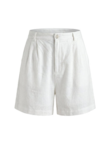 The Mauria Linen Shorts in white — high-waisted pleated linen shorts, product flat-lay