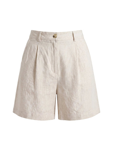 The Mauria Linen Shorts in oat — high-waisted pleated linen shorts, product flat-lay