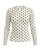 The Milly Polka Dot Sheer Top in cream — sheer mesh long-sleeve top with black polka dot print, product flat-lay