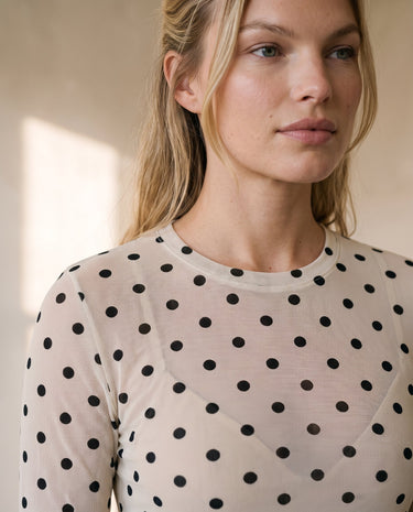 The Milly Polka Dot Sheer Top in cream — close-up of round neckline and sheer polka dot mesh fabric