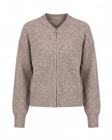 The Molly ribbed zip-up cardigan in khaki — round-neck full-zip cardigan with dropped shoulders, product flat-lay