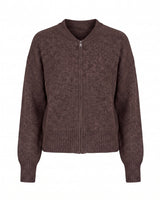 The Molly ribbed zip-up cardigan in dark brown — round-neck full-zip cardigan with dropped shoulders, product flat-lay