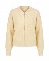The Molly ribbed zip-up cardigan in yellow — round-neck full-zip cardigan with dropped shoulders, product flat-lay