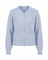The Molly ribbed zip-up cardigan in blue — round-neck full-zip cardigan with dropped shoulders, product flat-lay