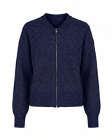 The Molly ribbed zip-up cardigan in navy blue — round-neck full-zip cardigan with dropped shoulders, product flat-lay