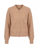 The Molly ribbed zip-up cardigan in camel — round-neck full-zip cardigan with dropped shoulders, product flat-lay