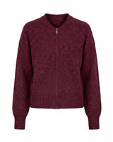 The Molly ribbed zip-up cardigan in burgundy — round-neck full-zip cardigan with dropped shoulders, product flat-lay