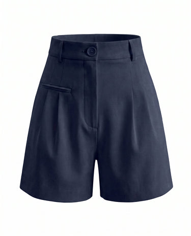 The Monroe short in navy — high-waisted pleated wide-leg shorts, product flat-lay
