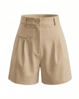 The Monroe short in khaki — high-waisted pleated wide-leg shorts, product flat-lay