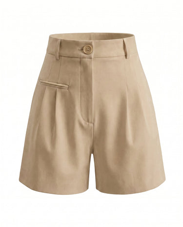 The Monroe short in khaki — high-waisted pleated wide-leg shorts, product flat-lay