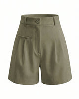 The Monroe short in army green — high-waisted pleated wide-leg shorts, product flat-lay
