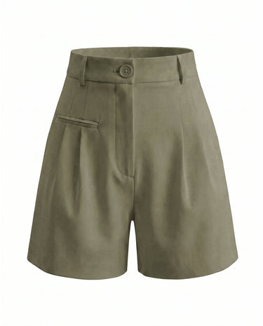 The Monroe short in army green — high-waisted pleated wide-leg shorts, product flat-lay