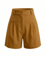 The Monroe short in camel — high-waisted pleated wide-leg shorts, product flat-lay
