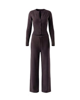 The Moriel Knit Ribbed Matching Set in chocolate — ribbed knit button cardigan and wide-leg trousers set, product flat-lay