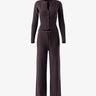 The Moriel Knit Ribbed Matching Set in chocolate — ribbed knit button cardigan and wide-leg trousers set, product flat-lay