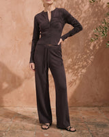 The Moriel Knit Ribbed Matching Set in chocolate — ribbed knit cardigan and wide-leg trousers, front view on model