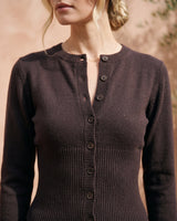 The Moriel Knit Ribbed Matching Set in chocolate — close-up of button-front ribbed knit cardigan