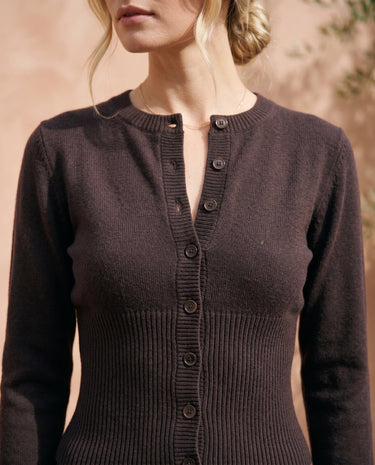The Moriel Knit Ribbed Matching Set in chocolate — close-up of button-front ribbed knit cardigan