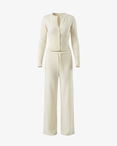 The Moriel Knit Ribbed Matching Set in butter yellow — ribbed knit button cardigan and wide-leg trousers set, product flat-lay