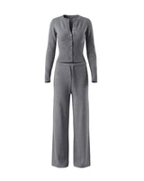 The Moriel Knit Ribbed Matching Set in gray — ribbed knit button cardigan and wide-leg trousers set, product flat-lay