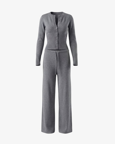 The Moriel Knit Ribbed Matching Set in gray — ribbed knit button cardigan and wide-leg trousers set, product flat-lay