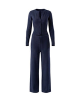 The Moriel Knit Ribbed Matching Set in navy blue — ribbed knit button cardigan and wide-leg trousers set, product flat-lay