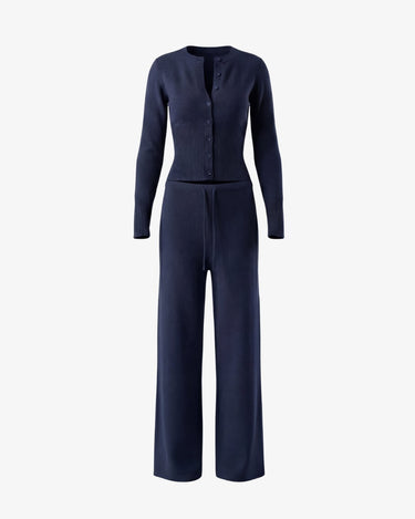 The Moriel Knit Ribbed Matching Set in navy blue — ribbed knit button cardigan and wide-leg trousers set, product flat-lay
