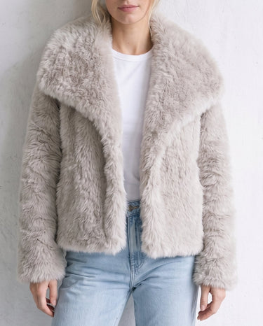 The Noa Faux Fur Coat in beige — faux fur coat, front view on model