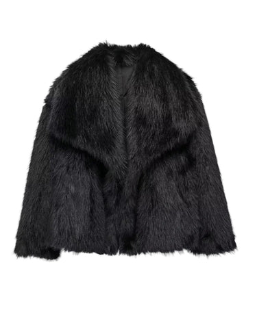 The Noa Faux Fur Coat in black — faux fur coat with lapel collar, product flat-lay