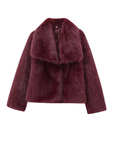 The Noa Faux Fur Coat in burgundy — faux fur coat with lapel collar, product flat-lay
