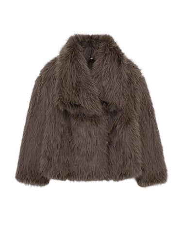 The Noa Faux Fur Coat in brown — faux fur coat with lapel collar, product flat-lay