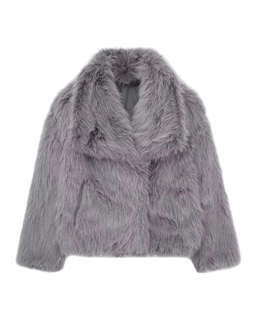 The Noa Faux Fur Coat in grey — faux fur coat with lapel collar, product flat-lay