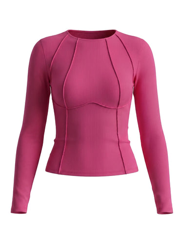 The Noa Piped Long Sleeve in pink — slim ribbed long-sleeve top with piped seams and round neck, product flat-lay