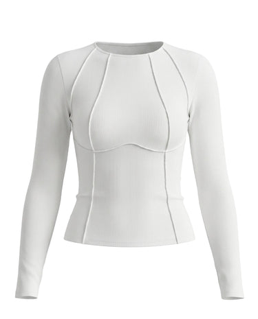 The Noa Piped Long Sleeve in white — slim ribbed long-sleeve top with piped seams and round neck, product flat-lay