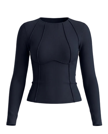 The Noa Piped Long Sleeve in navy — slim ribbed long-sleeve top with piped seams and round neck, product flat-lay
