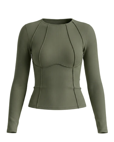 The Noa Piped Long Sleeve in green — slim ribbed long-sleeve top with piped seams and round neck, product flat-lay